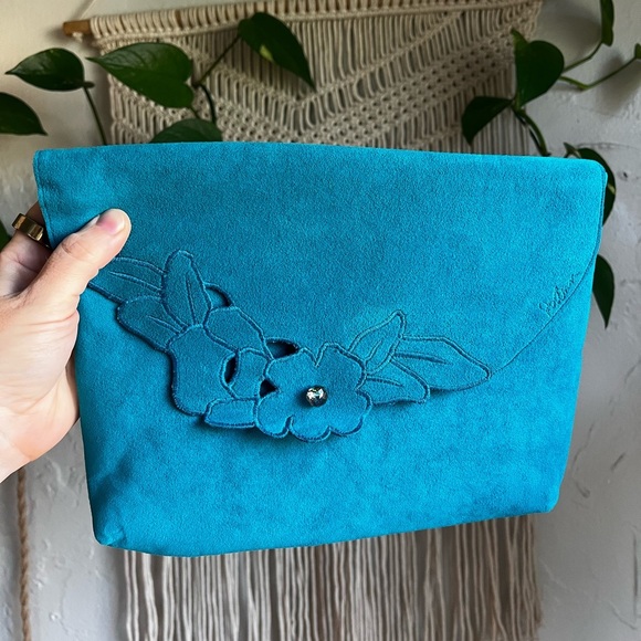 Vintage Turquoise Suede Floral Clutch Purse Handmade Boho Evening Bag Flower - Picture 7 of 7